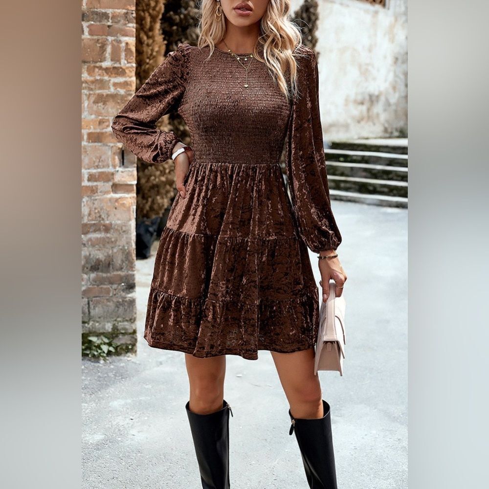 Smocked Round Neck Balloon Sleeve Velvet Mini Dress Camel Brown​